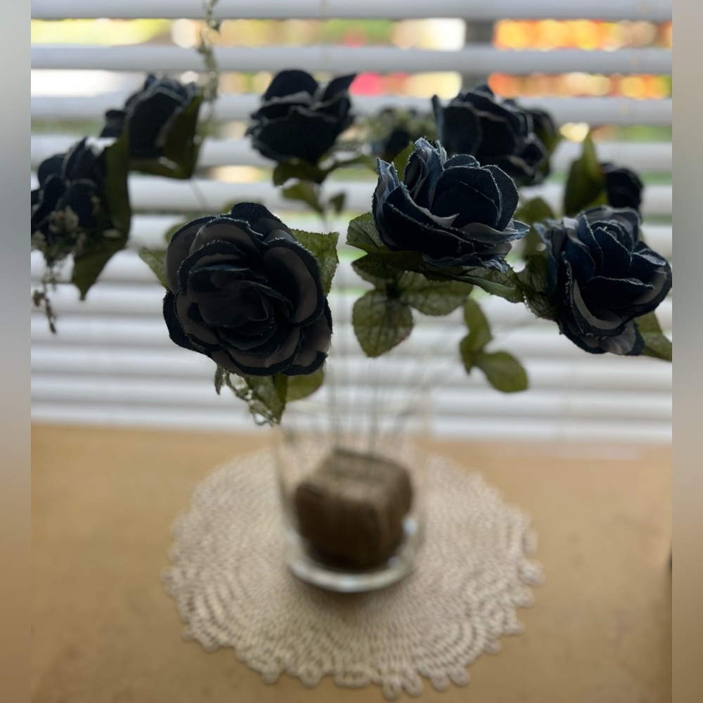 Project Denim Rose, hand built denim roses.  Buy individually or by the dozen.
